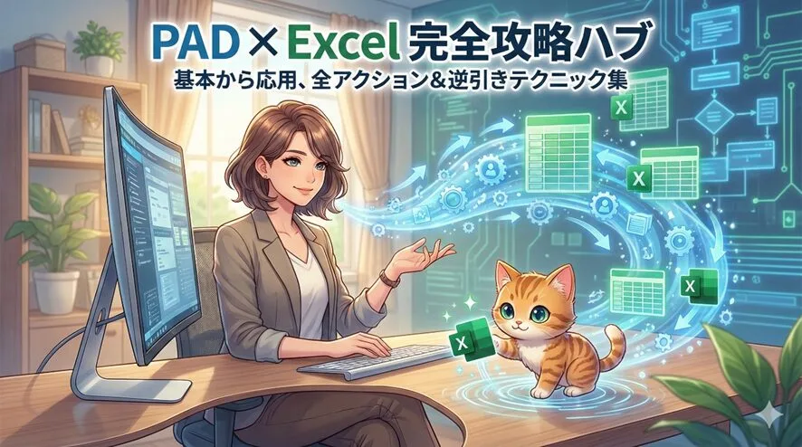 この画像は、アニメスタイルで描かれた「PAD × Excel 完全攻略ハブ」のプロモーションイラストです。自信に満ちた笑顔の若い女性が、PCデスクで作業しながら、Power Automate Desktop（青い歯車と矢印）とExcel（緑のアイコンと表）の連携を示す魔法のようなデジタルデータの流れに手を差し伸べています。可愛い茶トラの子猫がそのデータストリームと戯れています。背景は明るいホームオフィスとデジタルなフローチャートが融合しており、上部には「PAD × Excel 完全攻略ハブ」「基本から応用、全アクション＆逆引きテクニック集」という日本語のタイトルが掲示されています。