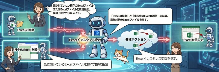 Power Automate DesktopにおけるExcel操作の基本フローを解説するアニメ調のイラスト。左から右へ「Excelの起動/実行中のExcelを添付」→「Excelインスタンス変数」→「各種アクション」→「Excelを閉じる」という流れが描かれています。Power Automateのロゴが入った青いロボット、20代のキャリアウーマン、楽しそうな猫のキャラクターが配置され、近未来的なサイバー空間を背景に、各ステップの役割が吹き出しで詳しく説明されています。