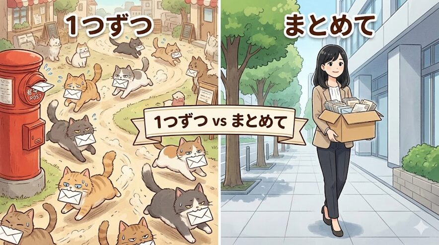 左右に分割された比較イラスト。中央に「1つずつ vs まとめて」というテキストが配置されている。左側は「1つずつ」の非効率さを表し、たくさんの猫が手紙を1通ずつ口にくわえて赤いポストへ忙しなく走っている。右側は「まとめて」の効率性を表し、オフィスカジュアルの女性が手紙が詰まった段ボール箱を抱え、落ち着いた様子で歩いている。
