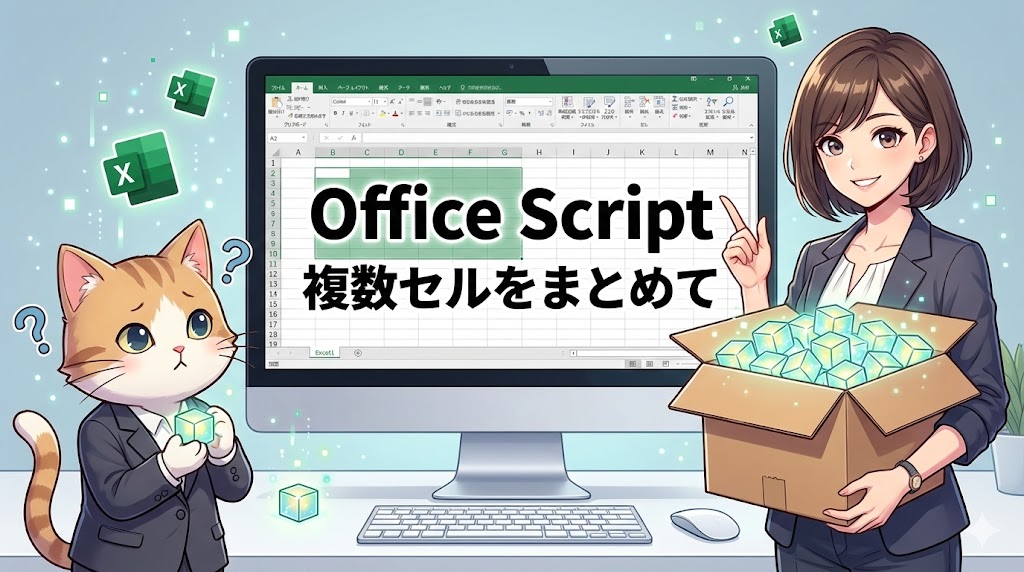 アニメ調のブログヘッダー画像。中央のPCモニターにはExcel画面と共に「Office Script」「複数セルをまとめて」という文字が表示されている。左側にはたった1つのキューブを持って困惑している猫（単一セル処理の非効率さ）、右側には大量のキューブが入った箱を抱えて自信たっぷりに微笑む女性（一括処理の効率性）が描かれ、スクリプトによる業務効率化を表現している。